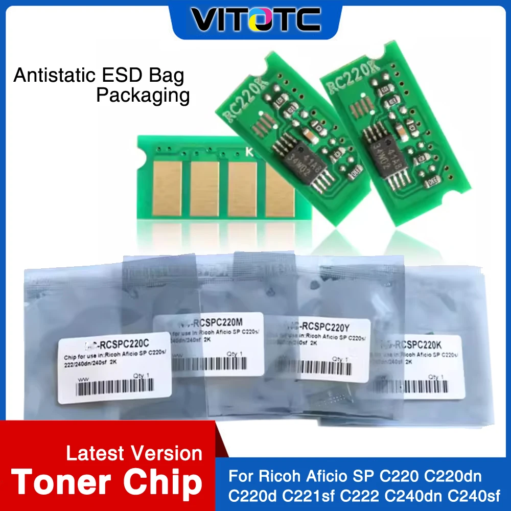 4PCS Refill Toner Powder and 4 Chips Kit For Ricoh SP C220 220 C220N C221sf C222 C240 SPC220 SPC240DN SPC240SF Printer 50g/PC