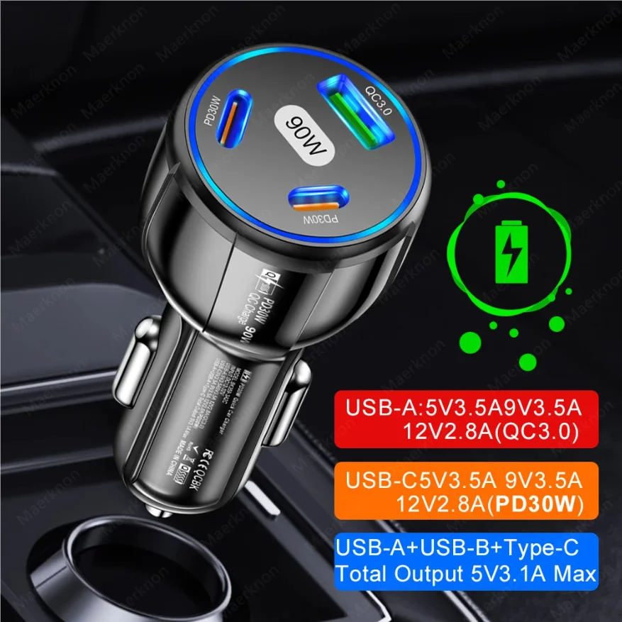 90W USB Autolader 3-poorts PD Type-C Snellader Auto Telefoonadapter voor iPhone 16 15 Xiaomi Samsung Snelladen in de Auto