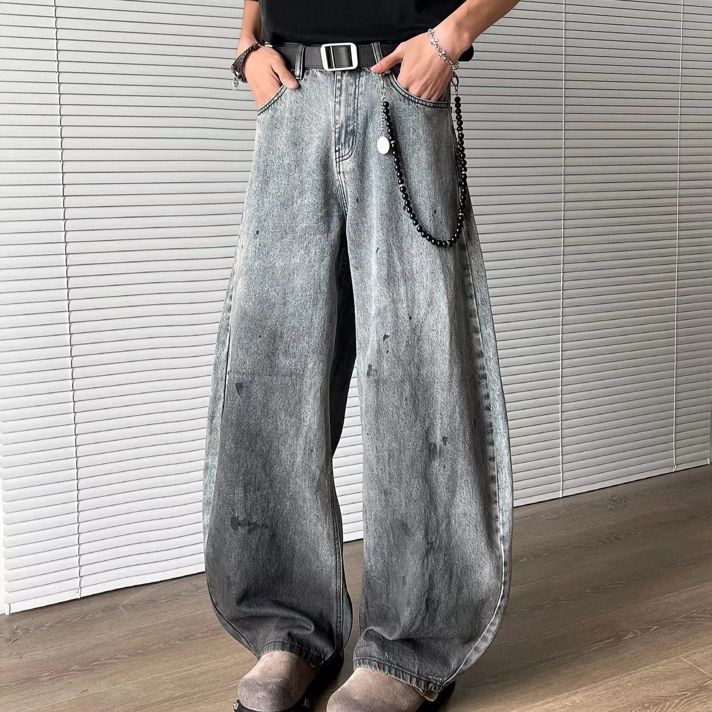 Gradual Change Washed Ink Splashing Jeans Men's American High Street Loose Wide Legs Old Baggy Pants