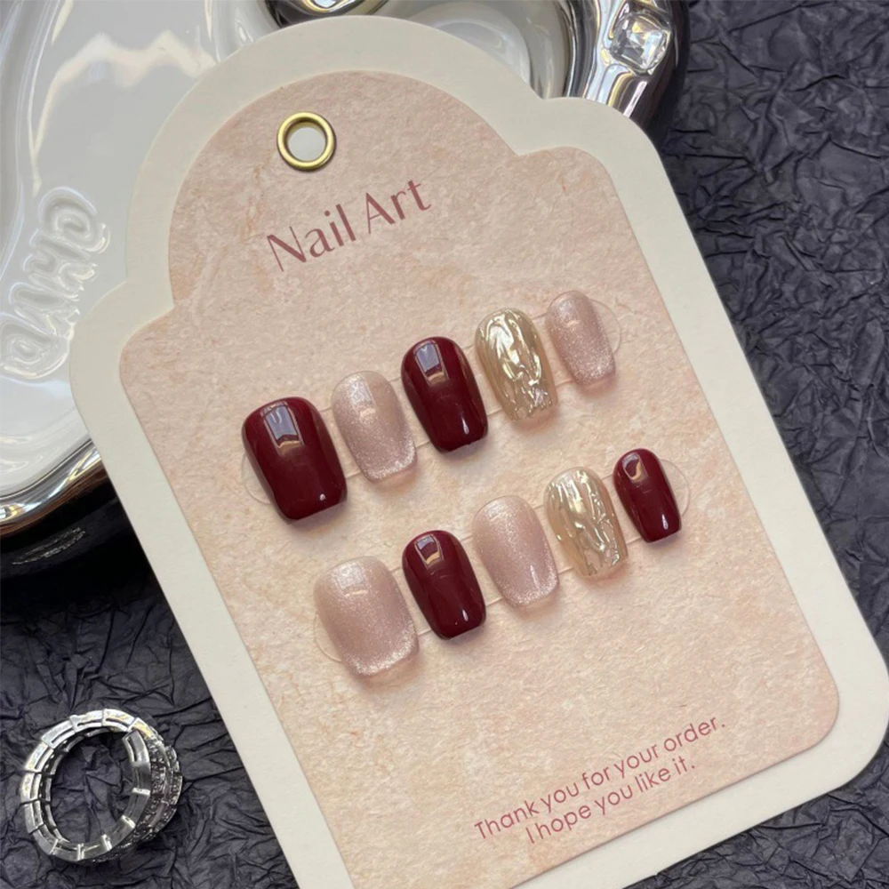 10 pçs glitter artesanal imprensa em unhas capa completa olho de gato design vermelho curto quadrado unhas falsas manicure wearable dicas de unhas arte