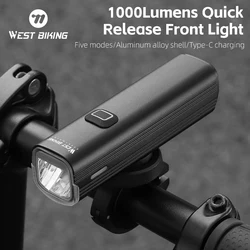 WEST BIKING Cycling Quick Release Headlight 1000 Lumens 4500mAh Type-C Rechargeable Bicycle Front Light With Battery Indicator