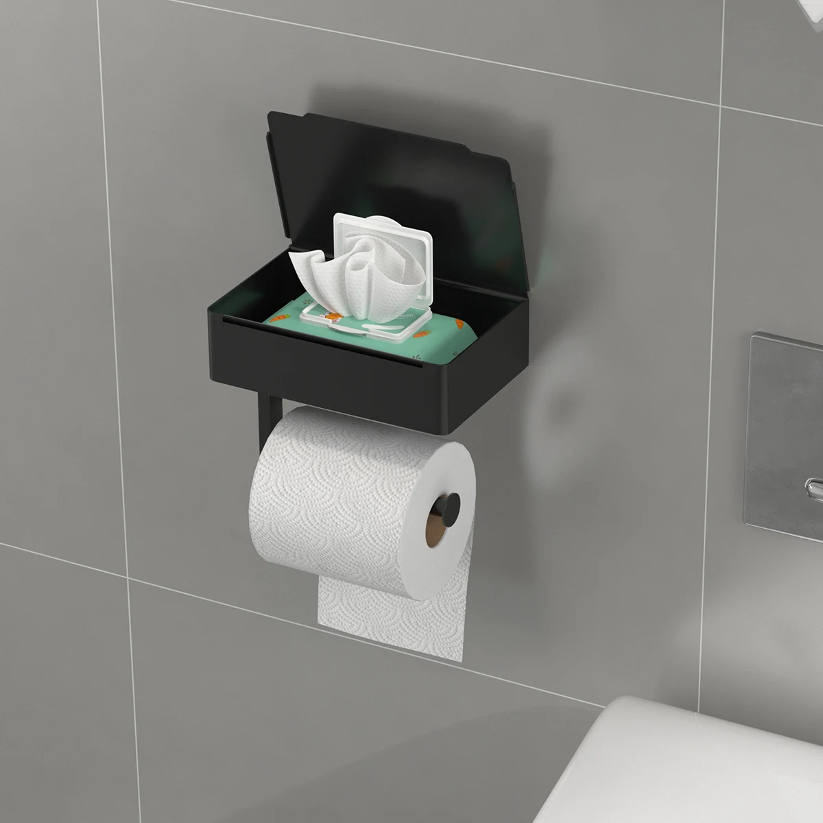 2 In 1 Home Adhesive Toilet Paper Holder Box with Shelf and Storage Box Wall Mount Toilet Paper Roll Box view 6