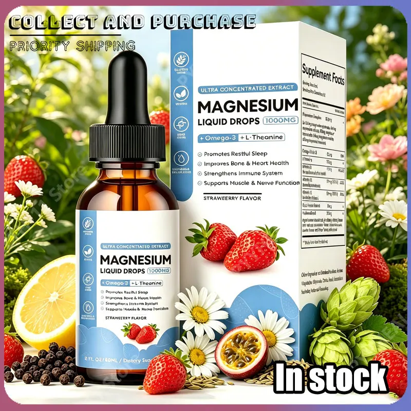 Gotas Líquidas de Magnesio con Vitamina D3, B6 y B12, Omega-3 y L-Teanina, Alta Absorción, Apoyo para el Sueño y los Músculos, 60 ml, Uso Diario