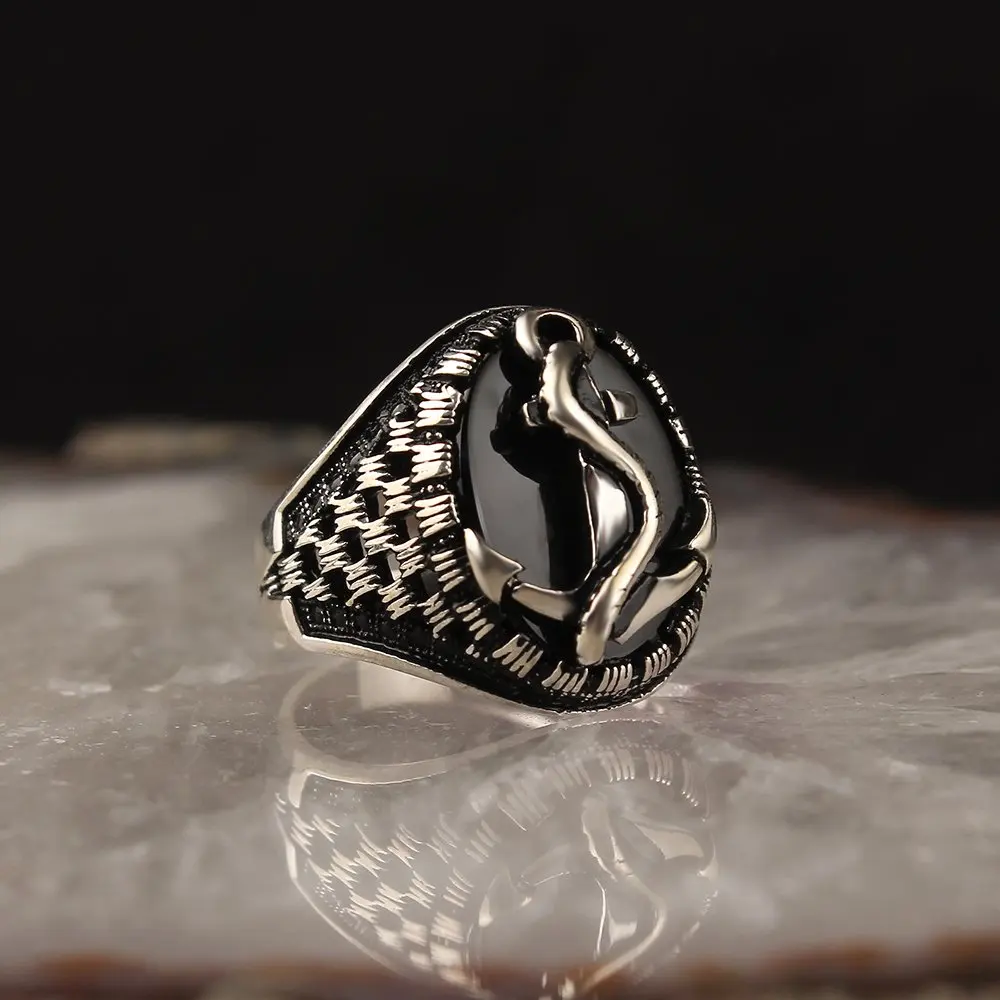 

Onyx Stone Anchor 925 Sterling Silver male Men Ring