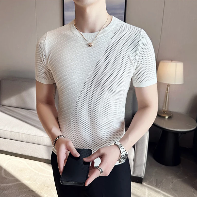 

Elastic Knitted Hollow Out Breathable Slim Summer Short Sleeve Men Sweatshirt Fashion Slim Oversized 2xl Clothes Black White Top