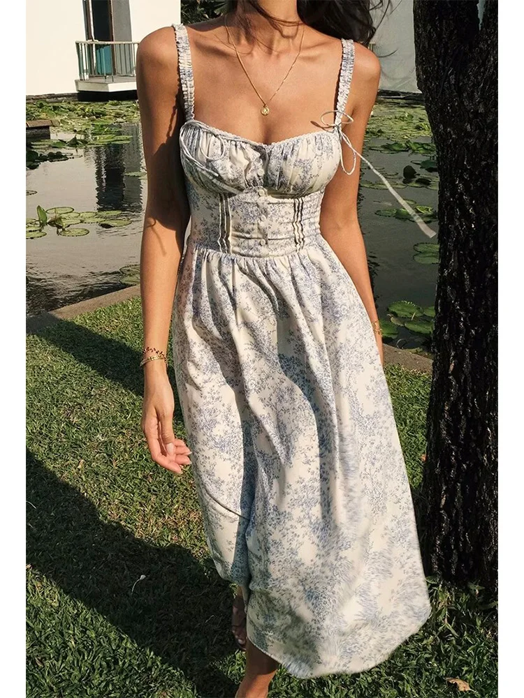 Bowknot Printed Women's Dresses Summer Casual Beach Strap Midi Dress Female Boho Light Blue Buttons Smocked Vestidos 2025