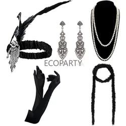 New 1920s Accessories Sets Costume great Gatsby Feather Headband Earrings Gloves Pearl Necklace for Women Ladies disfraz neon