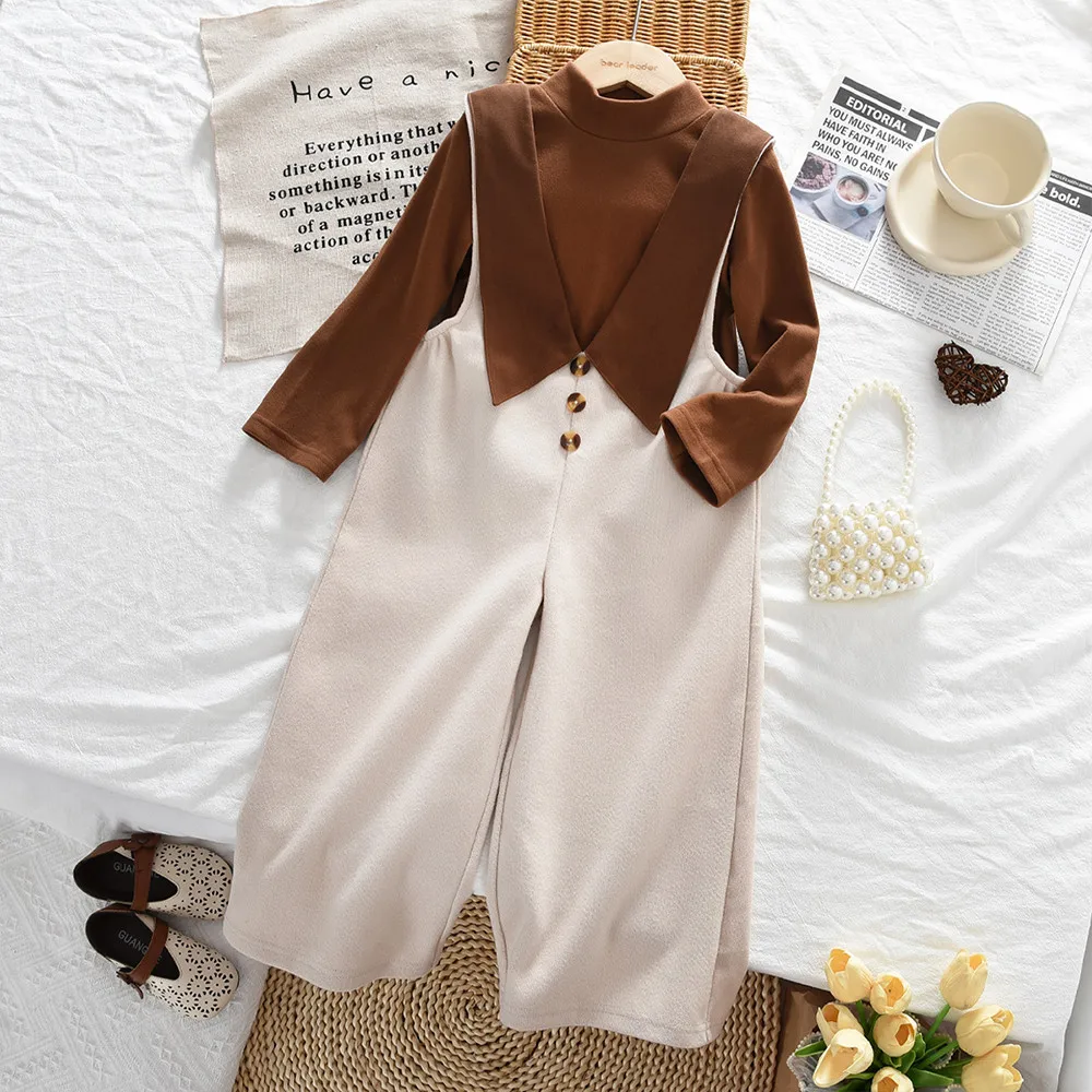 Fashion Sweet Girls Clothes Autumn Brown Long Sleeved Top + Lapel Buttons Wide Leg Bib Pants Children Daily Soft Clothing Suit