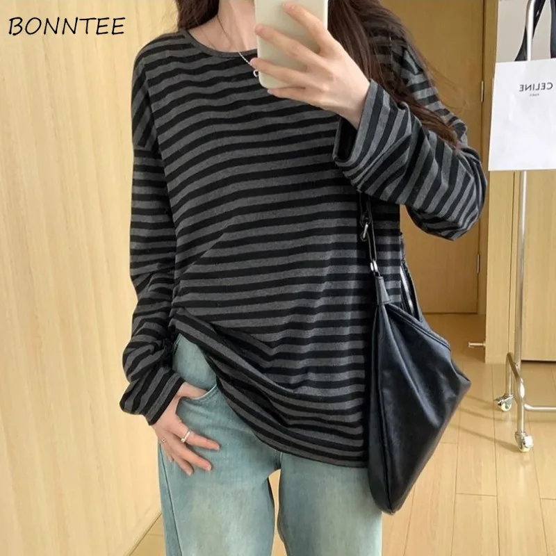 Camisetas informales a rayas para mujer, holgadas, Vintage, holgadas, estilo coreano, Ж Dön”.я Одеж Б, temperamento que combina con todo, diseño de cuello redondo Harajuku