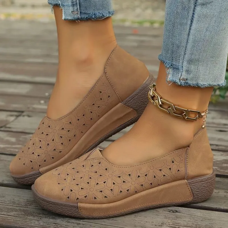 Frühling Herbst Damen Flache Plateau-Slipper Echtes Leder Komfort-Keilabsatz Mokassins Orthopädische Slip-on Freizeitschuhe
