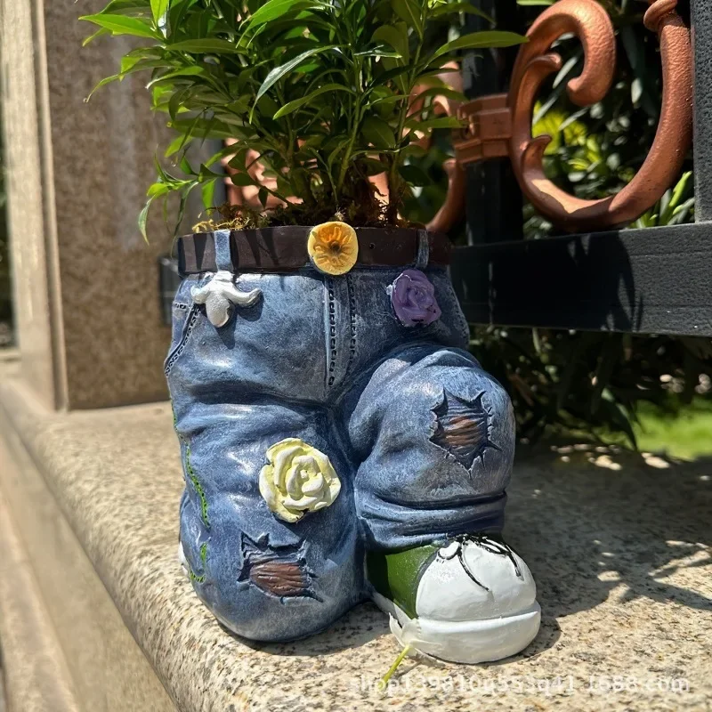 1PCS Garden Art Jeans Patio Decorative Planter Plant Resin Crafts Ornament Garden Design Cute Creative Mini Planter