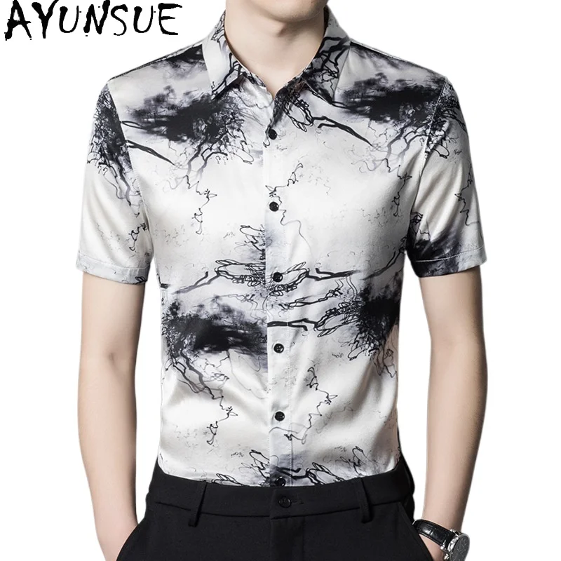 

AYUNSUE 92.4% Real Mulberry Silk Shirt for Men Clothing Summer Tops 2026 Fashion Ink Printed Shirt Satin Short Sleeve Shirts