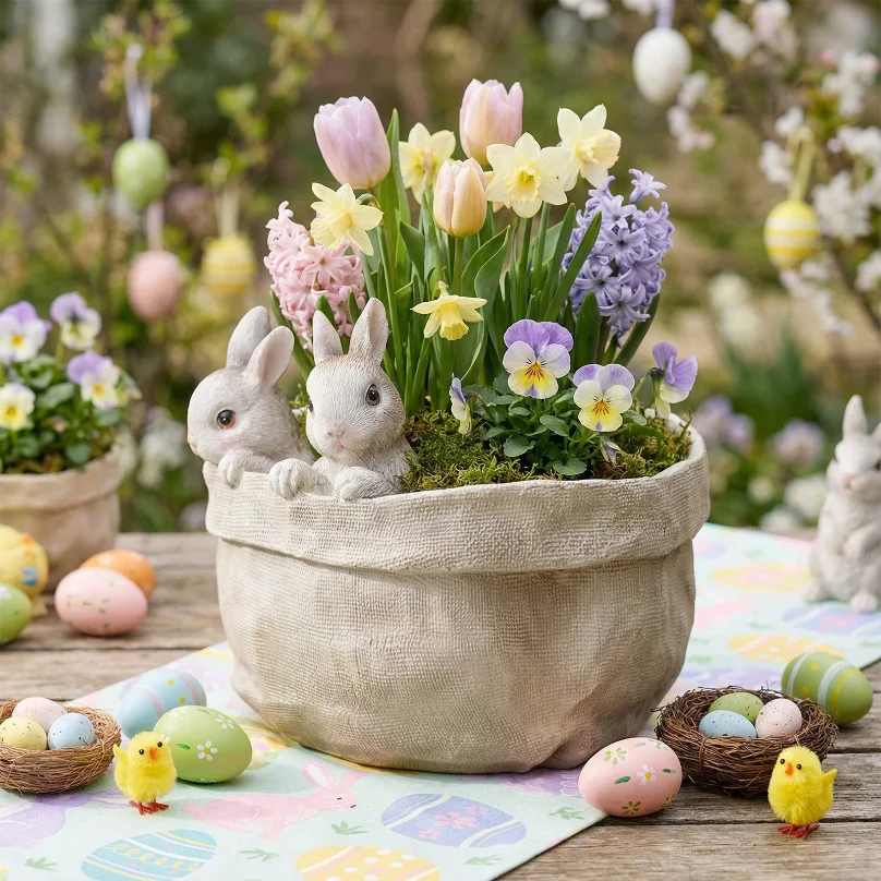 Resin Easter Bunny Planter Decorative Rabbits Flower Pots Ornament Cute Nordic Style Planter for Home