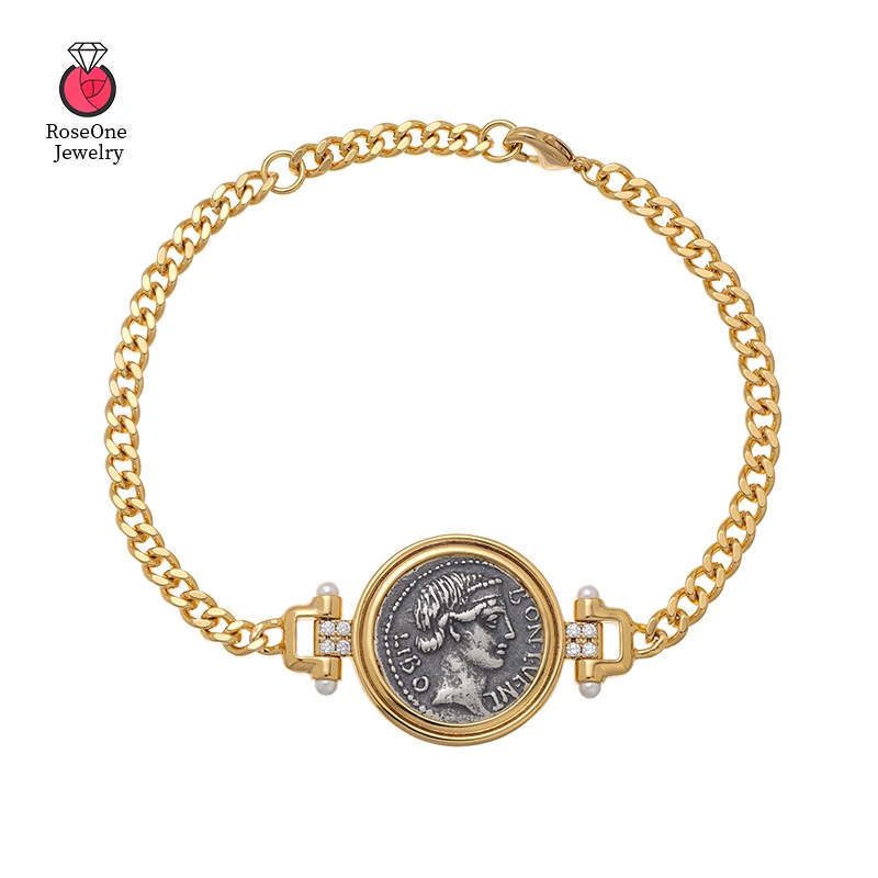 Hot Selling 925 Sterling Silver  Famous Brand Ancient Roman Silver Coin Bracelet Retro Relief Goddess of Luck Fashion Jewelry
