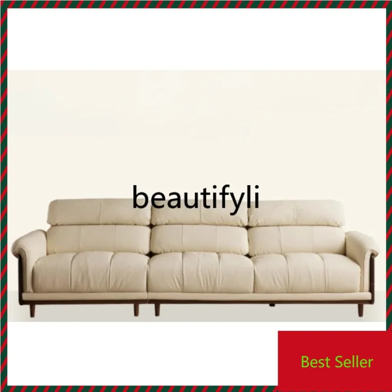 G80 Black walnut sofa solid wood cream wind leather three-person sofa