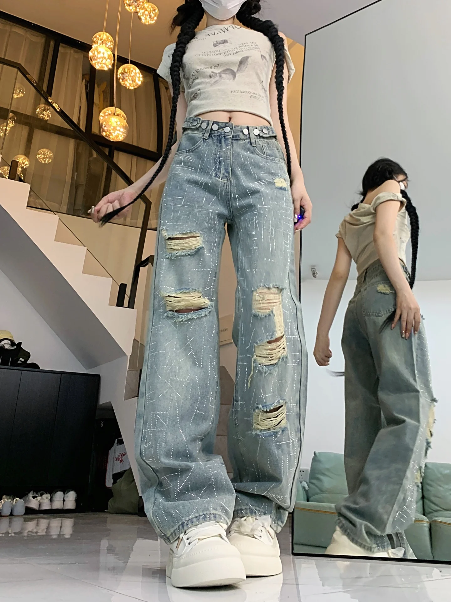 ハイウエストワイドレッグジーンズ レディース ストレートカットデニムパンツ 秋新作 スリープラスサイズ ウェイドアウトホールドリル カジュアルパンツ