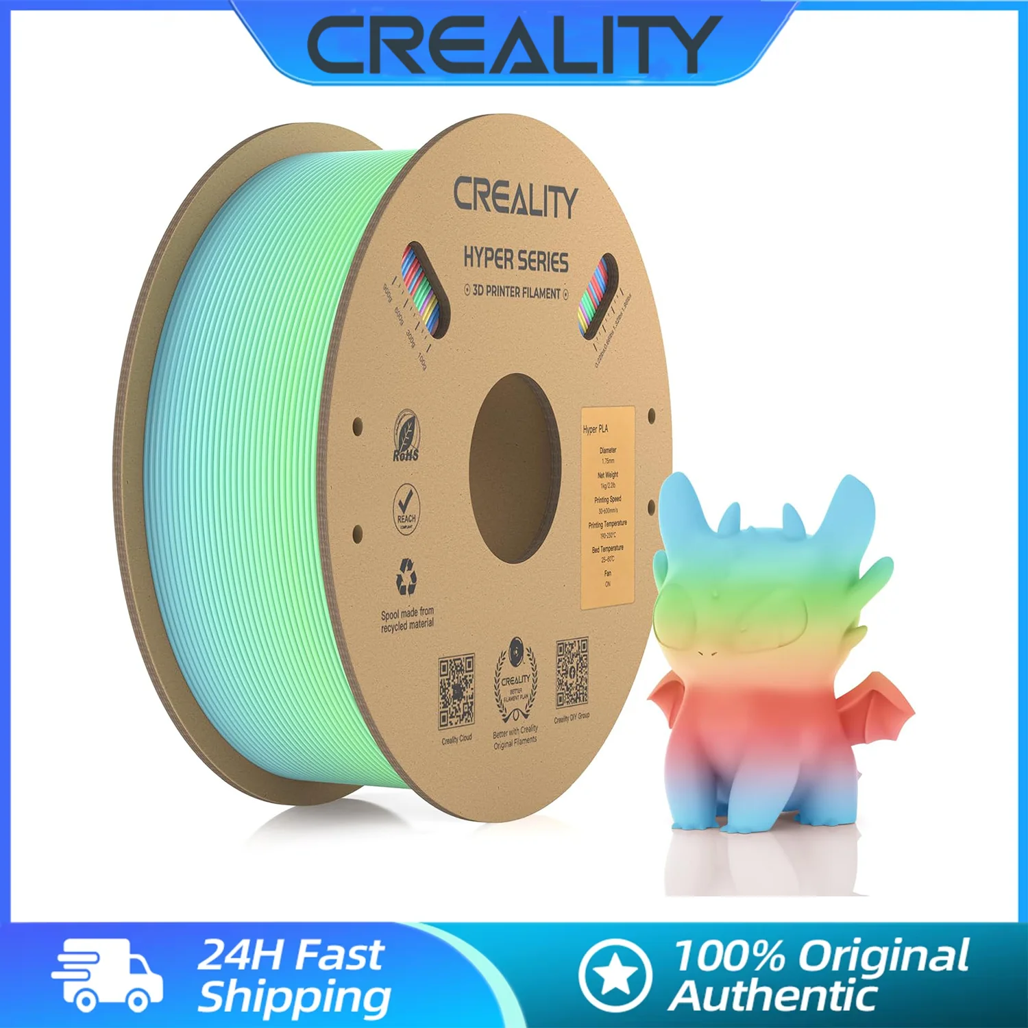 

Creality 3D non-Toxic Rainbow Hyper PLA plastics 1.75mm 1kg (2.2lbs) 3D Printer Filament Designed for High Speed Printing