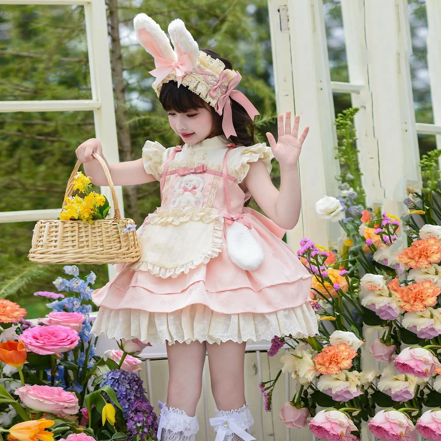 Baby Girl Summer Shiny Pink Sweet Lolita Lace Princess Gauze Ball Gown Cartoon Lace Dress Birthday Party Eid Childen Clothing