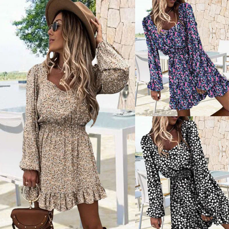 

Women Sexy Print Ruffled Tight Waist Long Sleeve Dress Women's Square Collar Lantern Sleeve Ruffled Holiday Casual Skirt Set