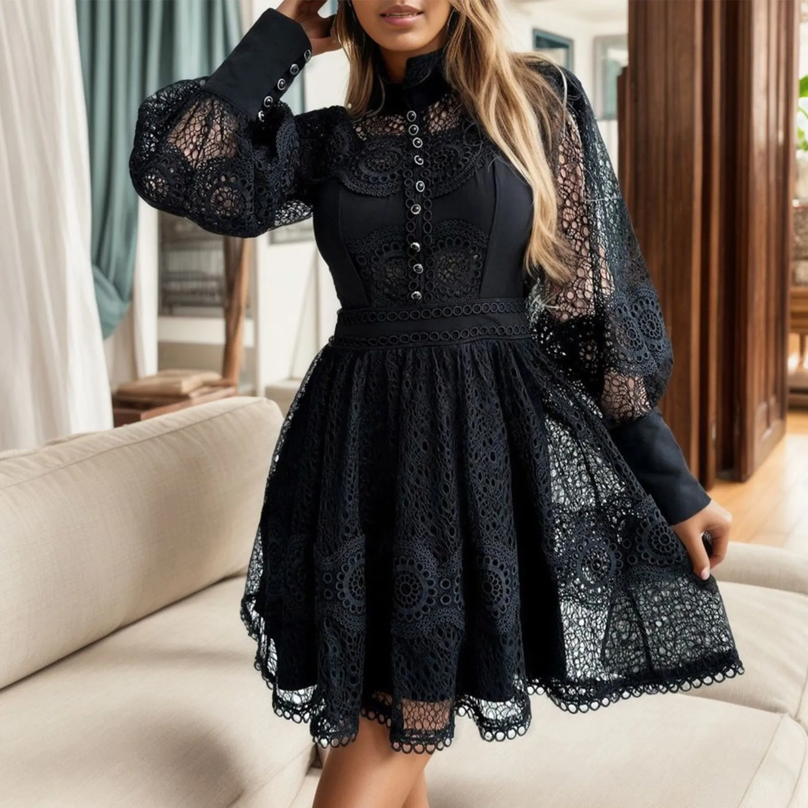 Hollow Out Lace Summer Dresses Sexy Long Sleeve Back Zipper Dresses Stup Collar Swing Elegantes For Women 2023 Party Plus Size