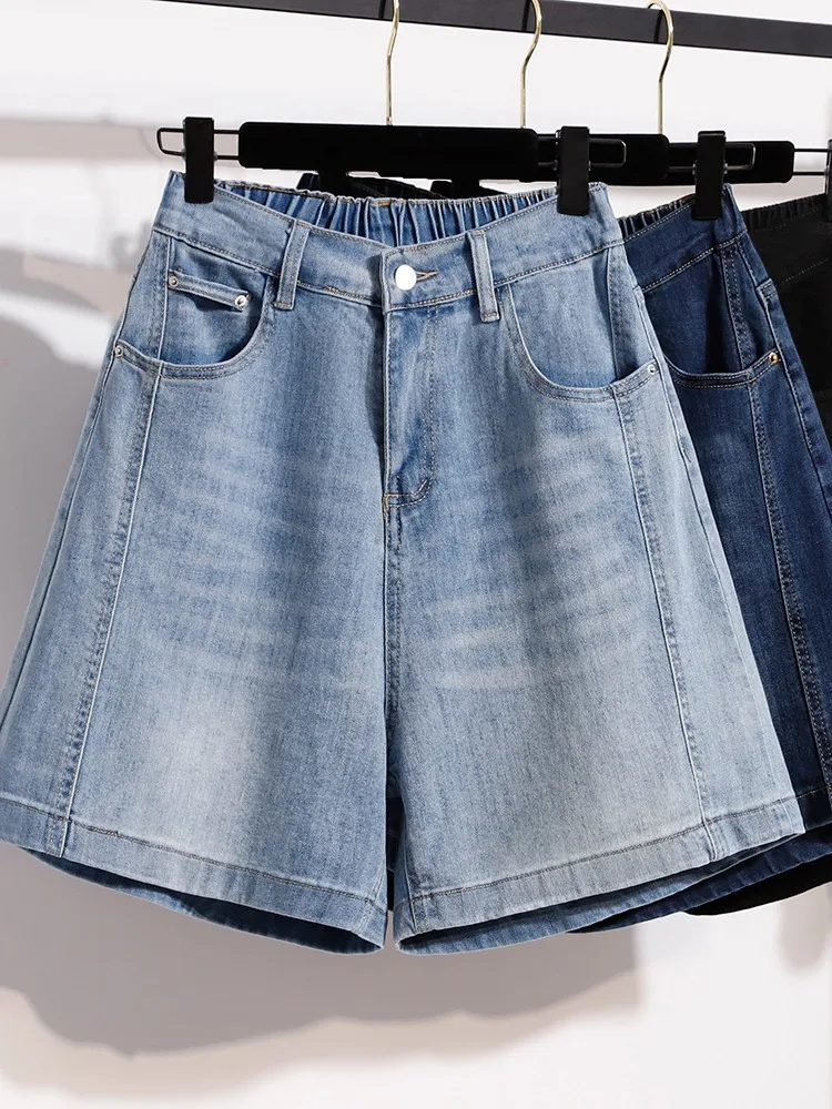 American Retro High Waist Elastic Waist Denim Shorts Women Summer Loose Easy Match Five-Point plus Size Casual Jeans