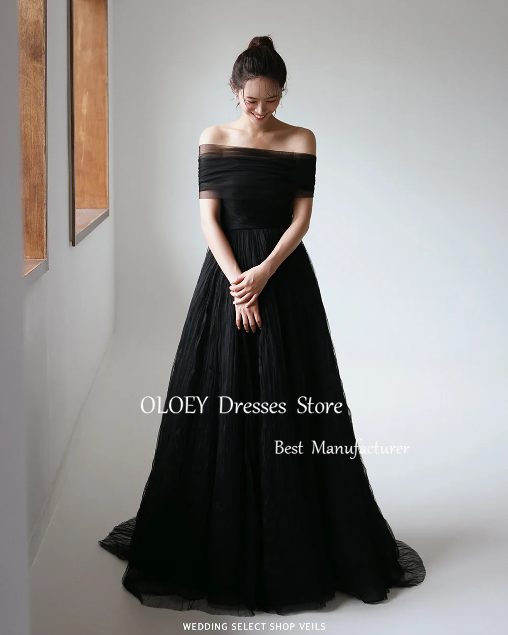 OLOEY Simple Black Prom Dress Korea Wedding Photoshoot Sweetheart Long Party Dress With Detachable Sleeves Bolero Soft Tulle