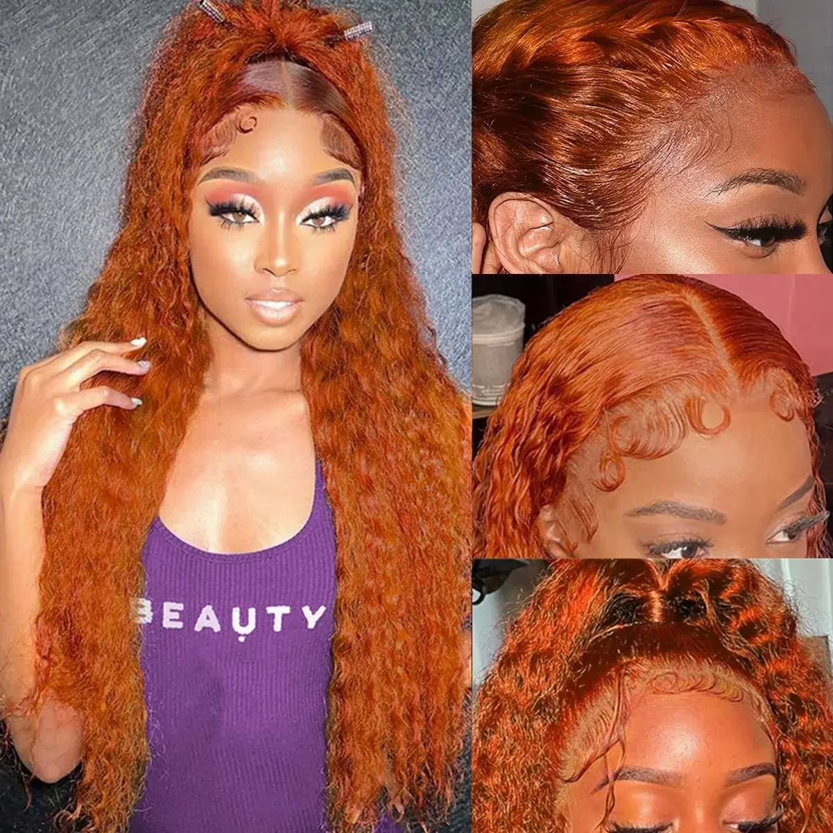 350 #13x4 orange Ingwer leimlos Deep Wave HD Lace Front Perücken Echthaar lockige Spitze Frontal Perücken für Frauen