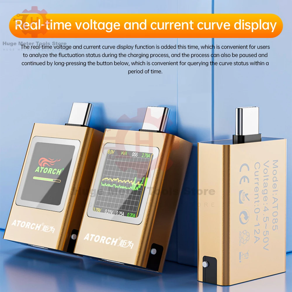 DC 4.5-50V 0-12A 600W Digital Display Voltage Ammeter Power Bank Meter Type-c Cell Phone Charger TFT G-Sensor Tester