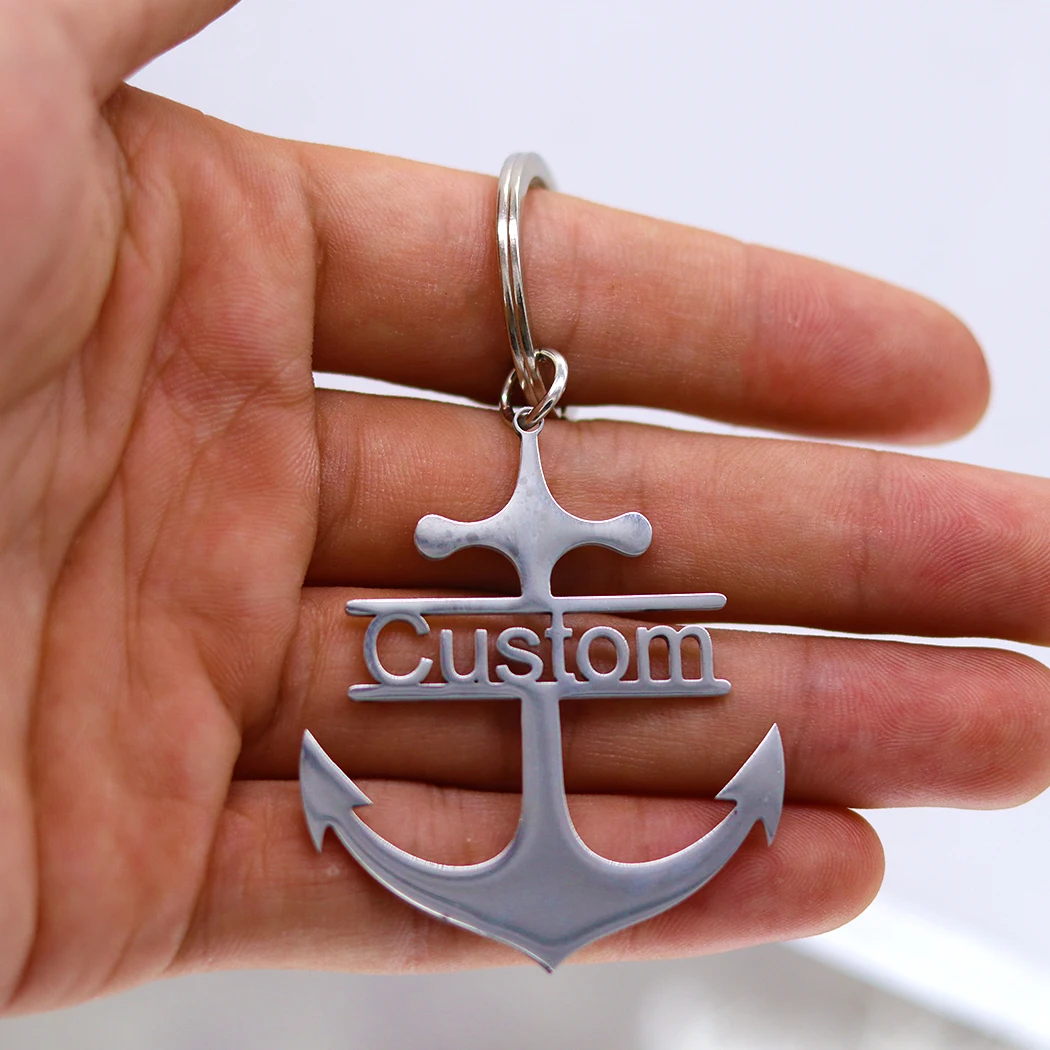 QIMING Custom Name Boat Anchor Keychain For Men Stainless Steel Customized Pendant Key Ring Personalized Jewelry Birthday Gift