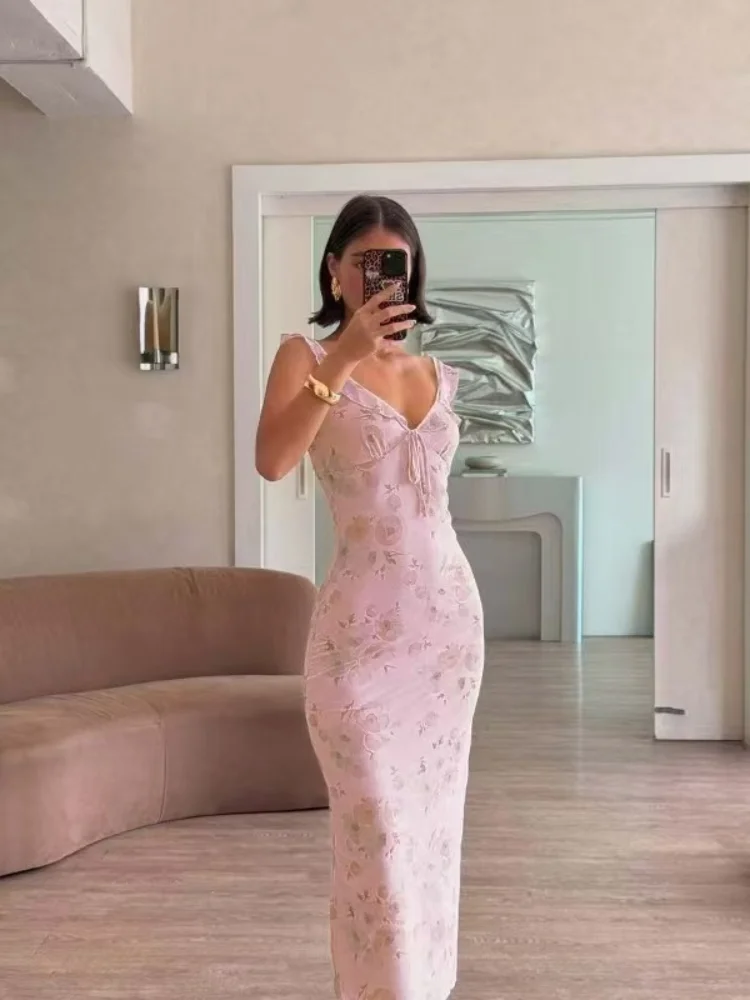 Deep V-neck Ruffle Strap Slip Maxi Dress Delicate Elegant Solid Floral Flowy Dresses Sunset Stroll Eyes-catching Vestidos