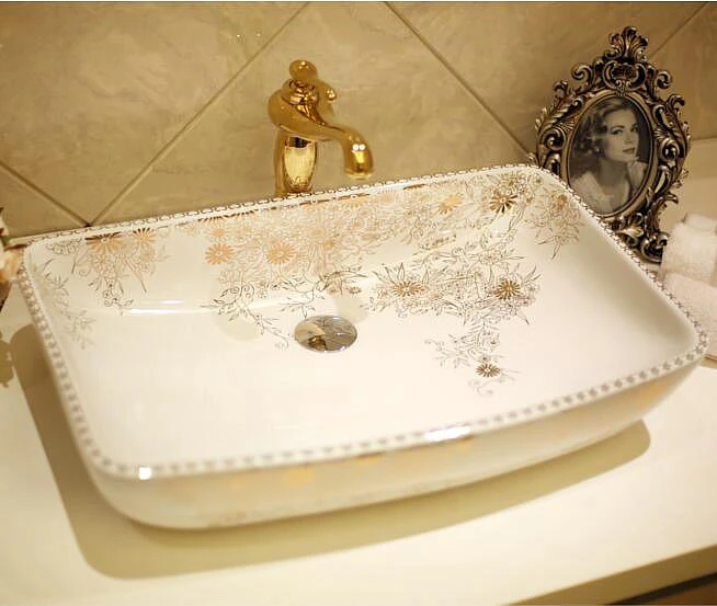 

Large Size Handmade Rectangular Sun Flower Countertop Ceramic Bathroom Sink