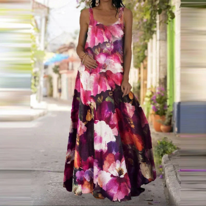 Women\'s Fashionable Butterfly Printed Sleeveless Dress Summer Casual Printed Long Dress