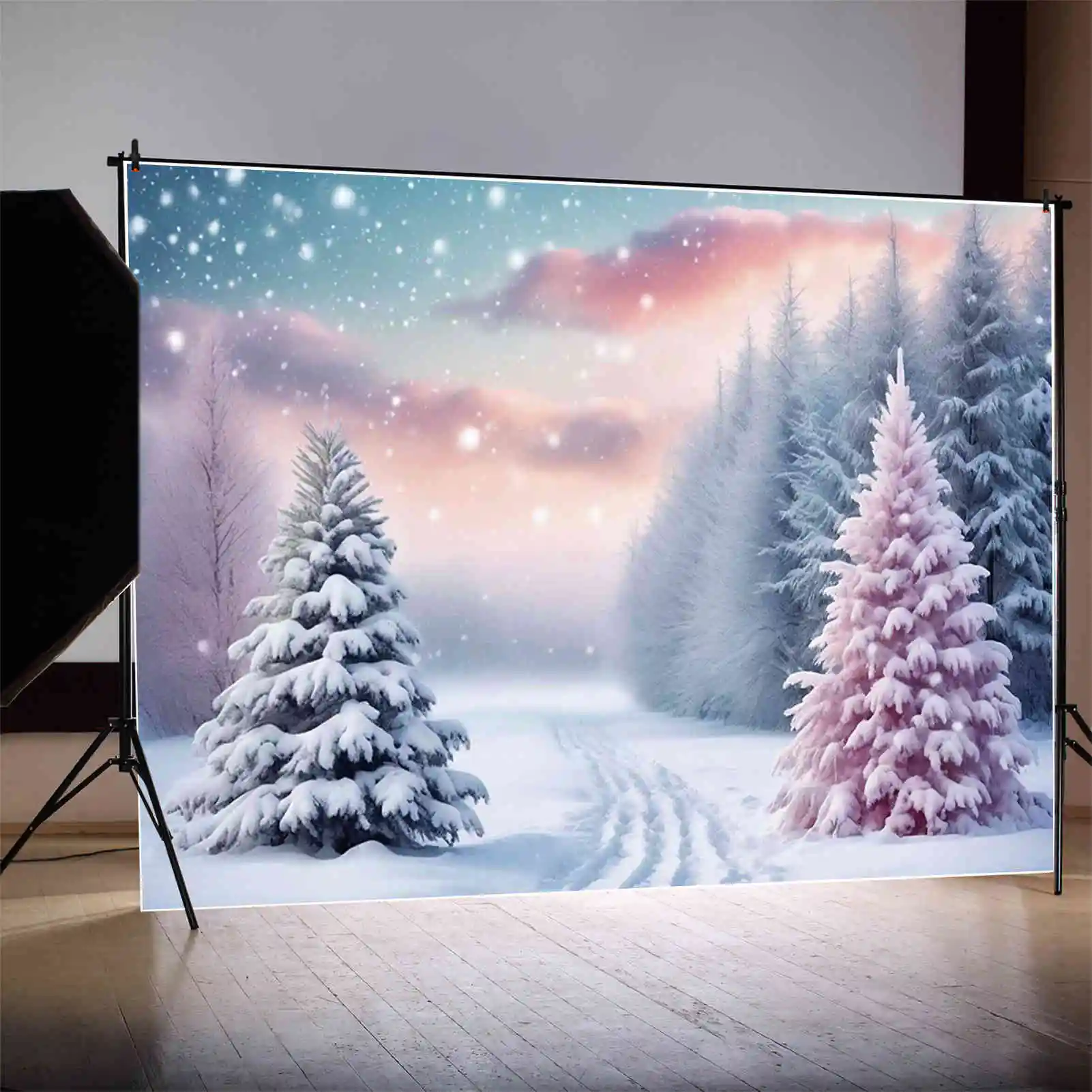 MOON.QG 2024 Christmas Balls Trees Gifts Photography Backdrop Snow Winter Scenery Photo Background Photographic Studio Back Drop