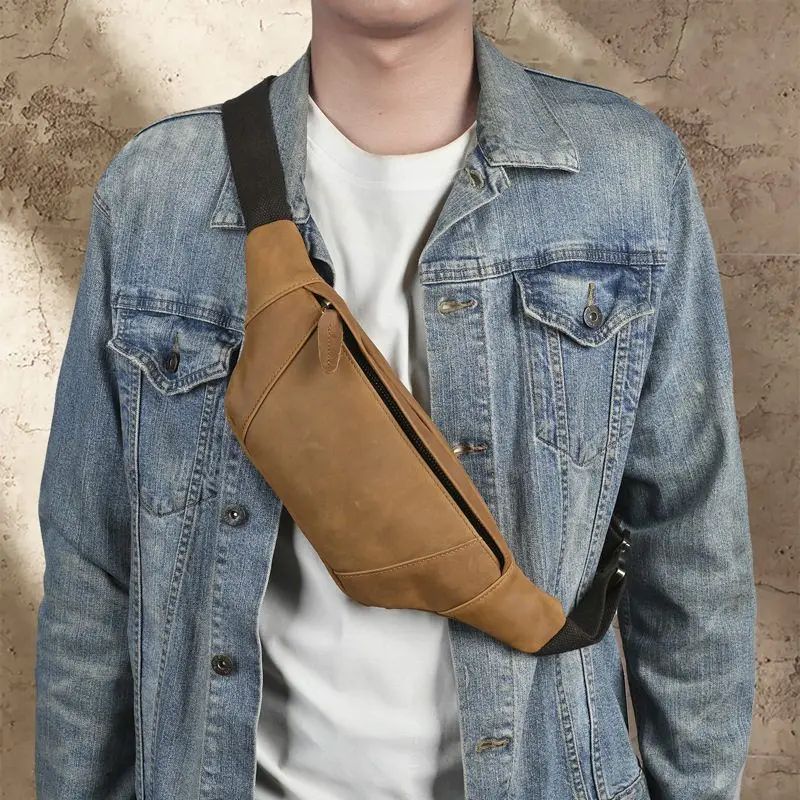Retro Men'S Waist Bag Handmade Top Layer Cowhide Crossbody Bag Genuine Leather Outdoor Korean Style Sports Riding Bag