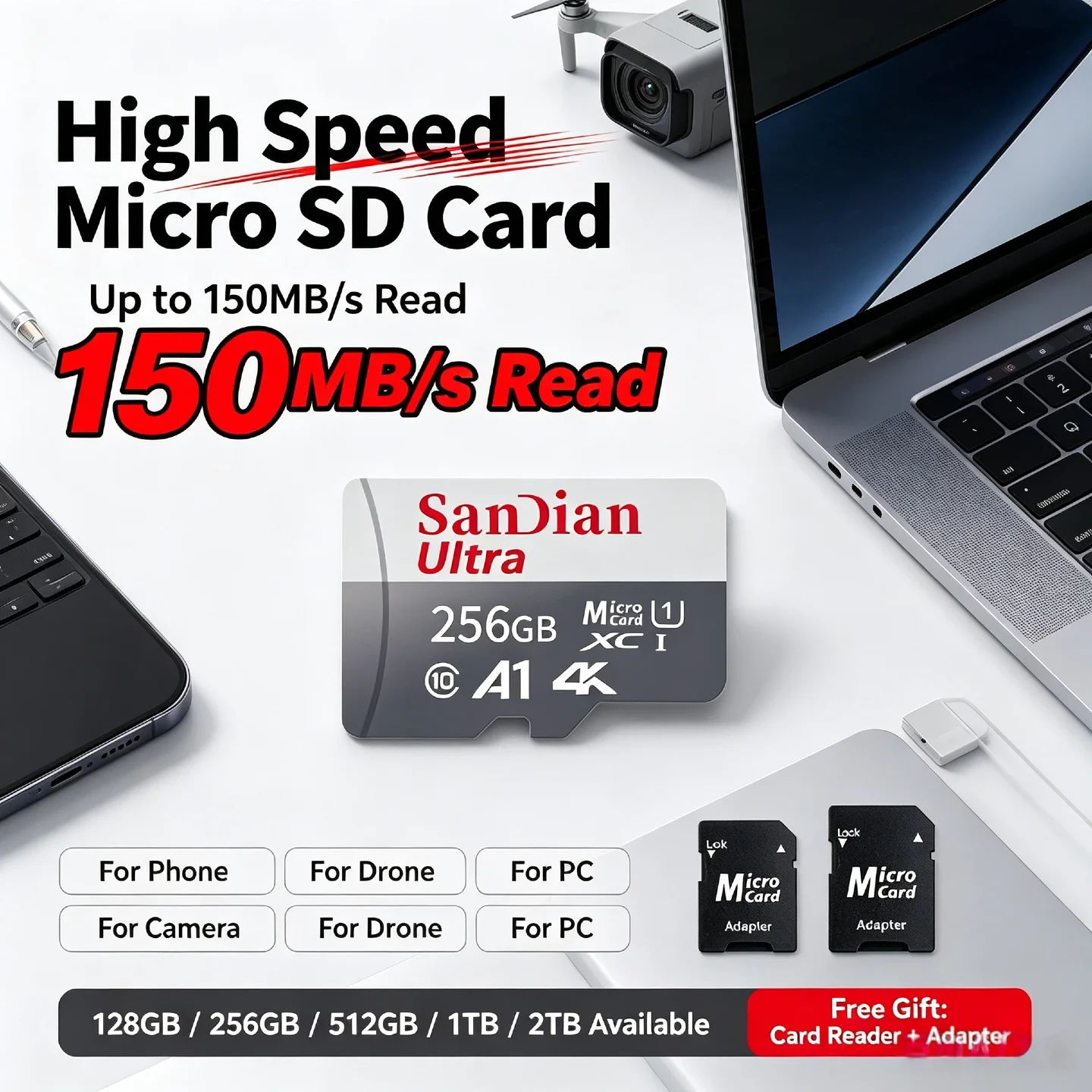 128GB 512GB U1 A1 Class 10 High Speed Micro SD Card 4K UHD with SD Adapter Reader for Drone Dash Cam Camera 2026