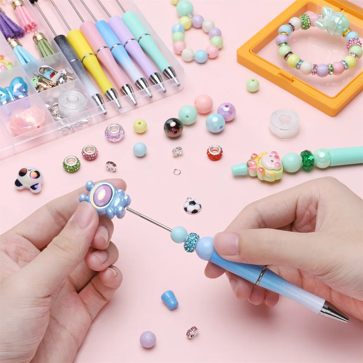 1Set/Bag DIY Beadable Pens and Friendship Bracelet Set Multicolor Plastic Beadable Ballpoint Pen DIY Craftable Pen Set for Adult