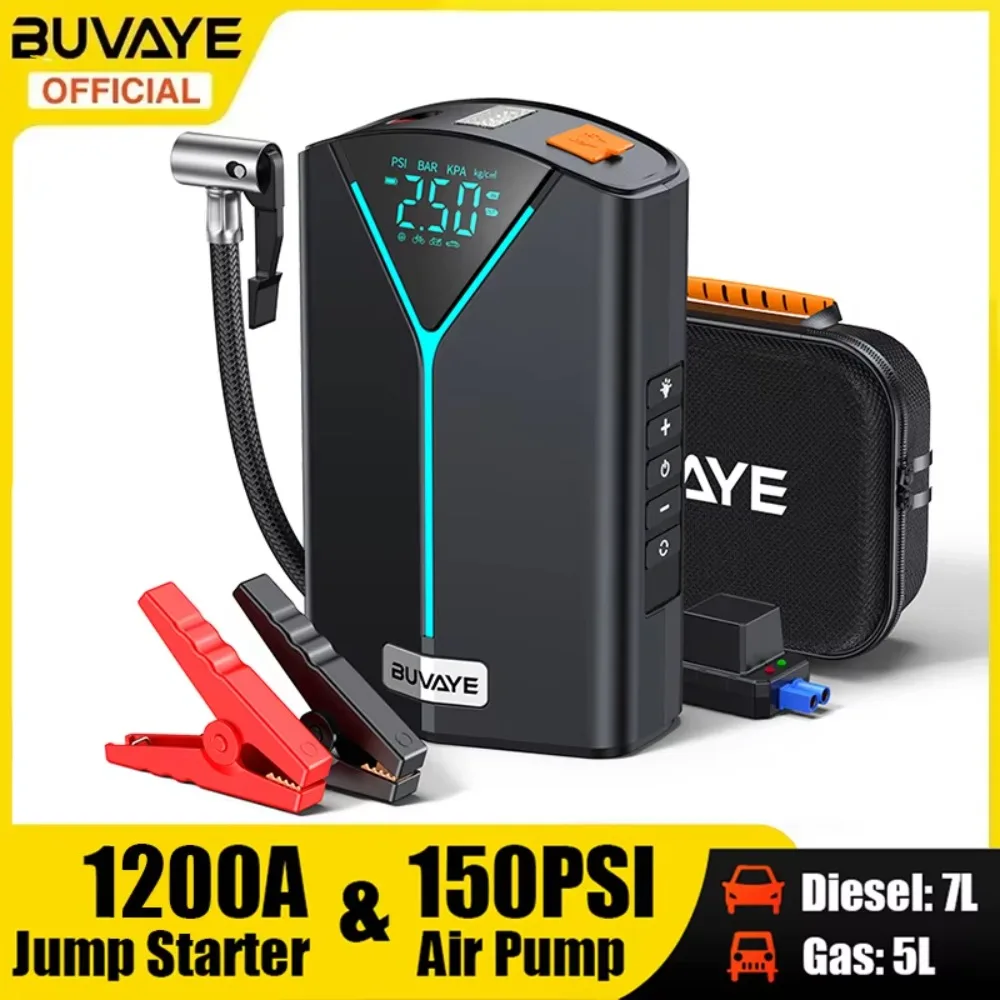 

BUVAYE 1200A/150PSI Jump Starter Air Pump Power Bank Air Compressor LED Lighting 4 in 1 Portable Inflatable Pump with EVA Bag