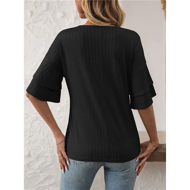 

Sturdy Womens V-Neck Tops Dressy Double Layer Bell Sleeve 3/4 Length Ruffle Sleeve T Shirts