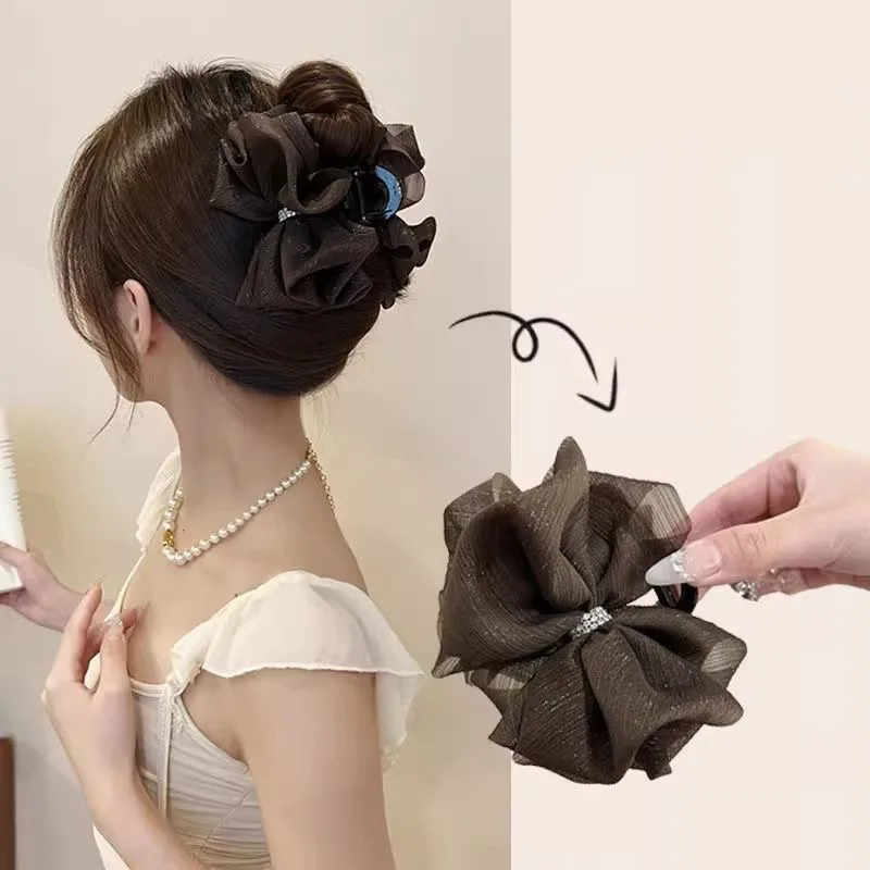 Elegant Rhinestone Solid Color Mesh Bow Hair Claw Clips Women Girls Hair Clip Shark Clip Barrettes Headwear Hair Accessories