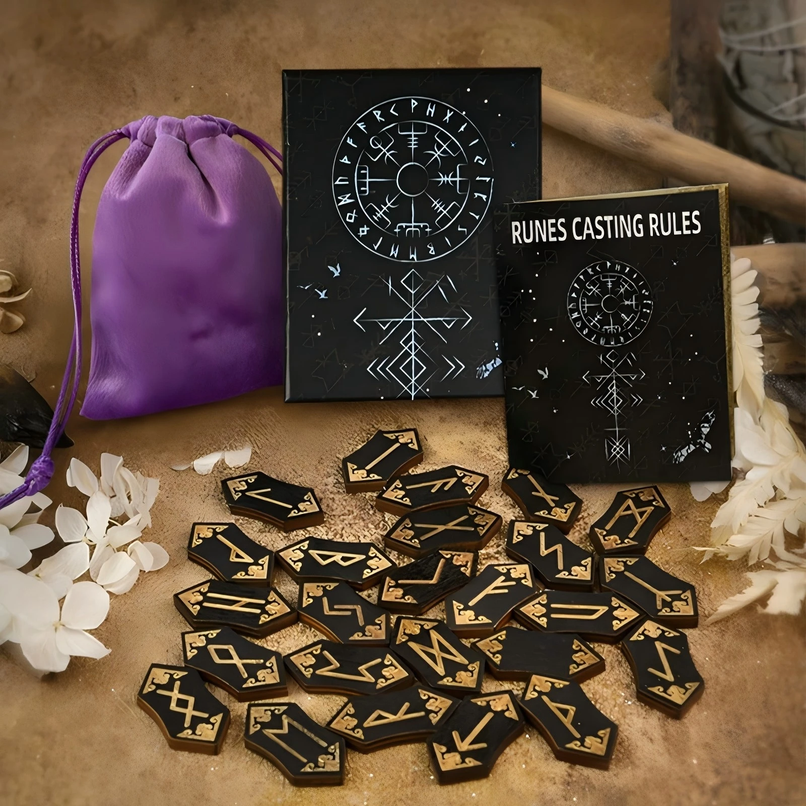 Divination Wood Runes With Storage Bag Meditation Divination Engraved Decorative Runes Western Divination Pagan Guide Book Set