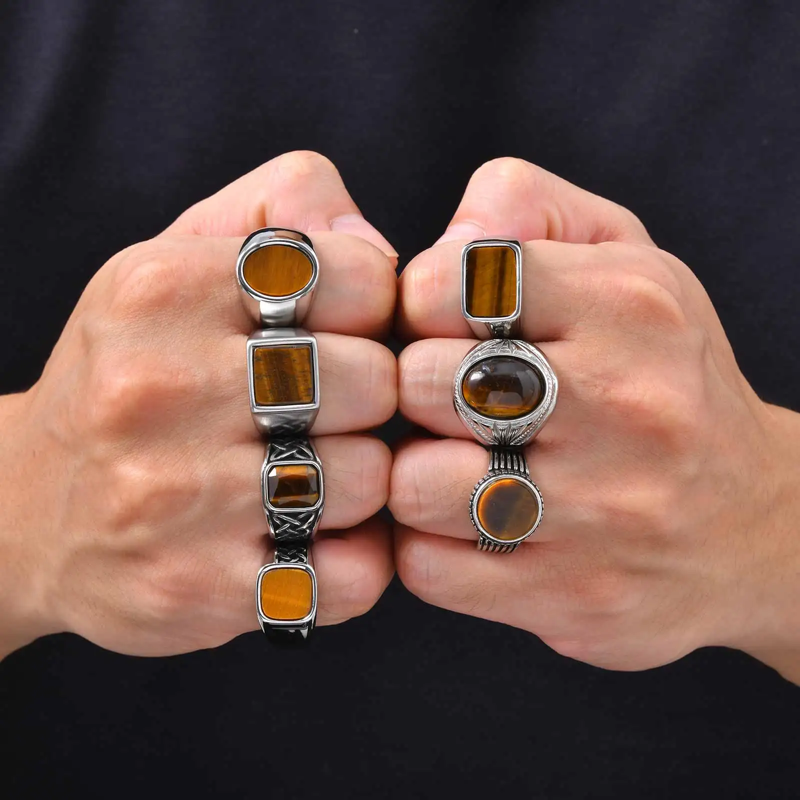 Vnox Herren-Siegelring aus Edelstahl, Fingerring mit natürlichem Tigerauge-Stein, Vintage-Statement-Schmuck, Geschenk für Freund, Vater – Detail 2