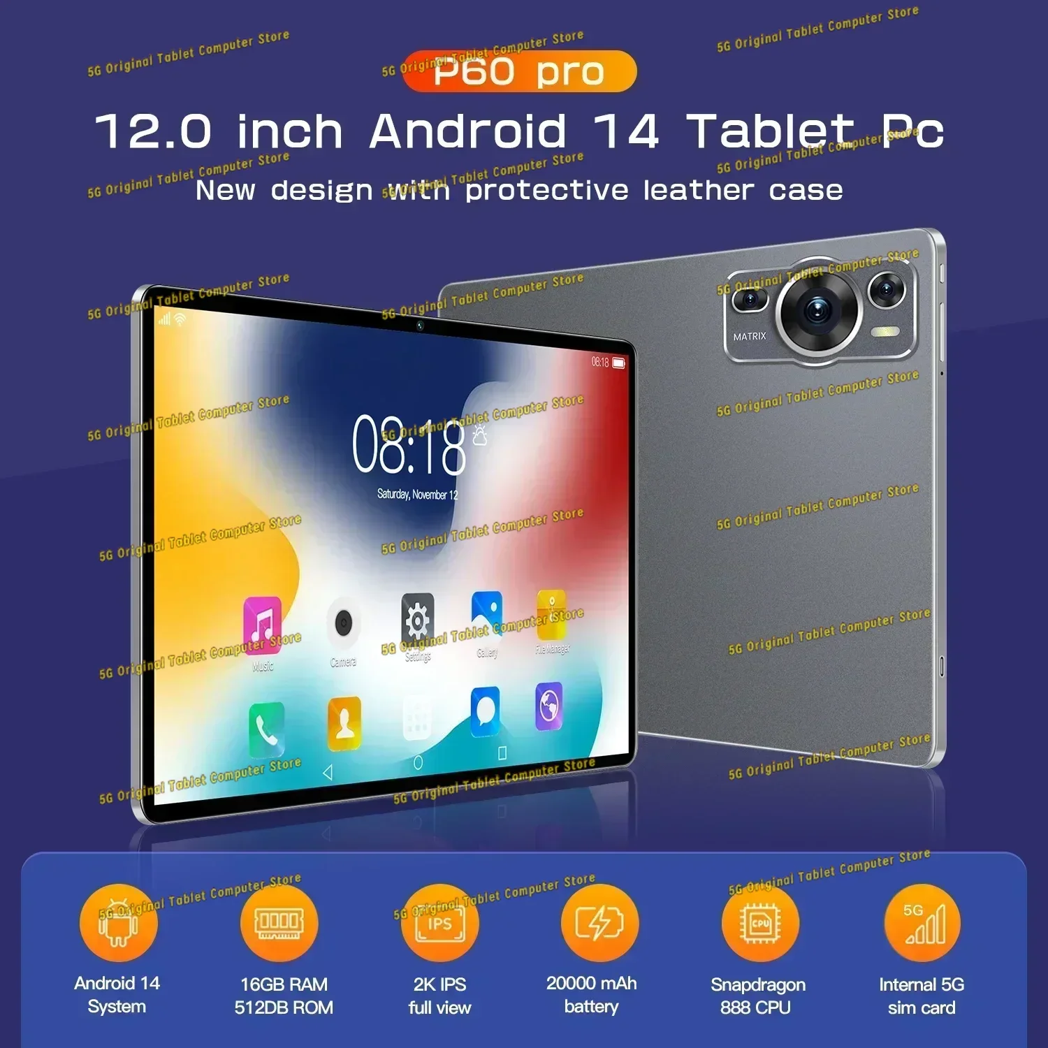 

Global 12.0inch IPS Display Tablet P60Pro 16GB+1TB Android13 Google Play 5G Dual Sim 8800mAh Original Tablet Support Language