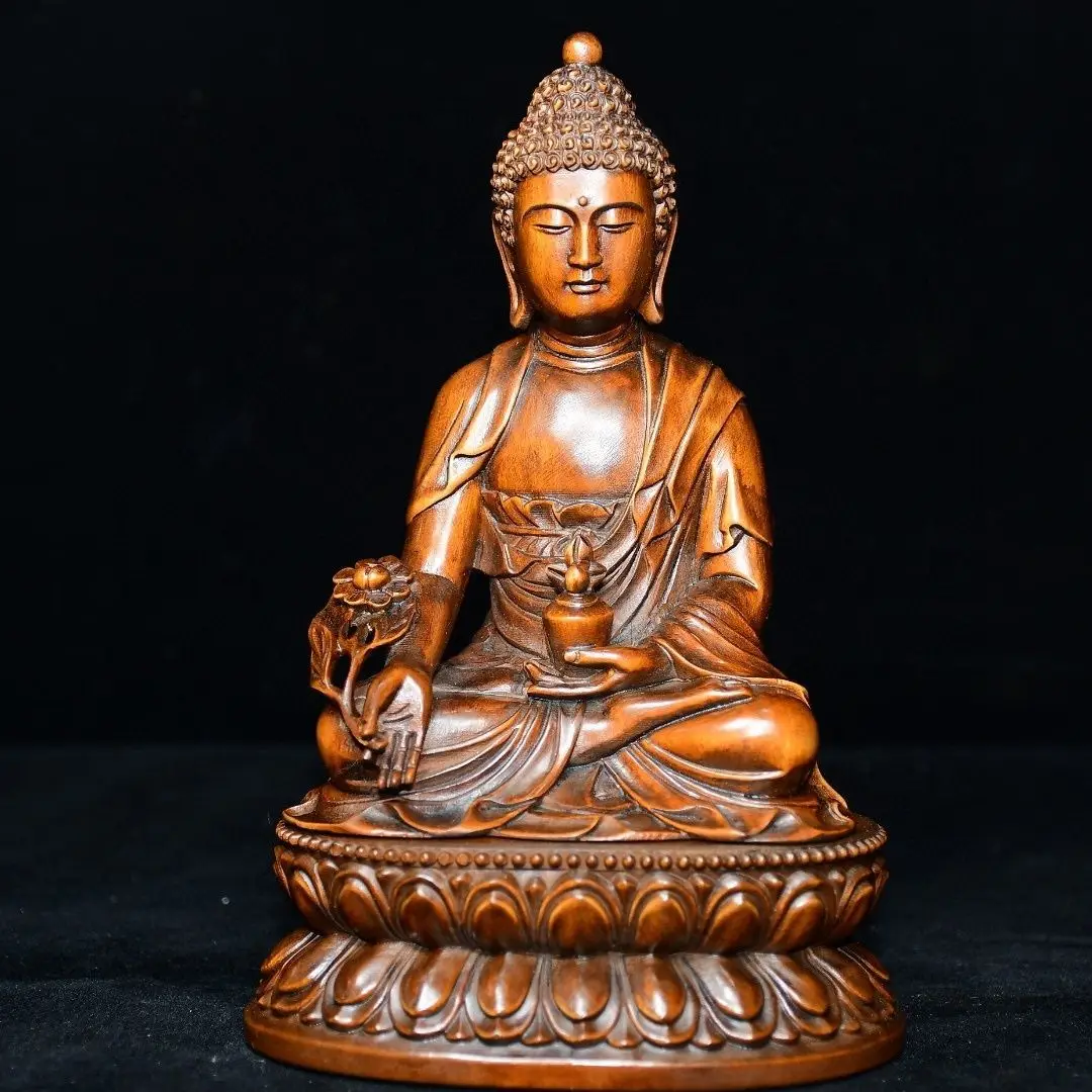 Hand Carved Wood Cross-legged medicine buddha Statue Figurine Desktop Ornaments Home Decoration
