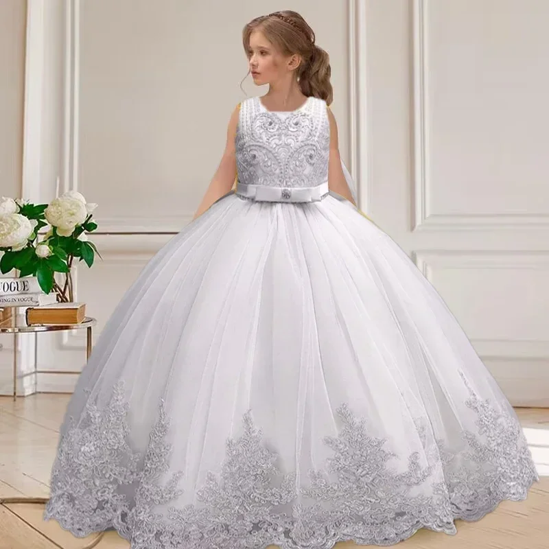 Girl\'s 4-12 Year Old Girl\'s Big Bow Princess Embroidered Mesh Dress Wedding Dress Flower Girl Performance Dress