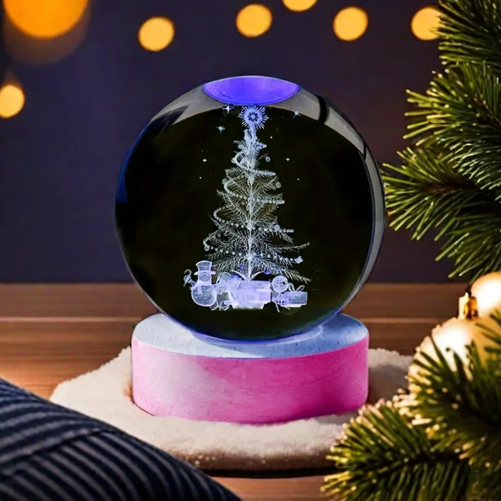 1pc, Santa 3D laser carved crystal ball with colored lights, living room bedroom home decorative lights, table decoration glass