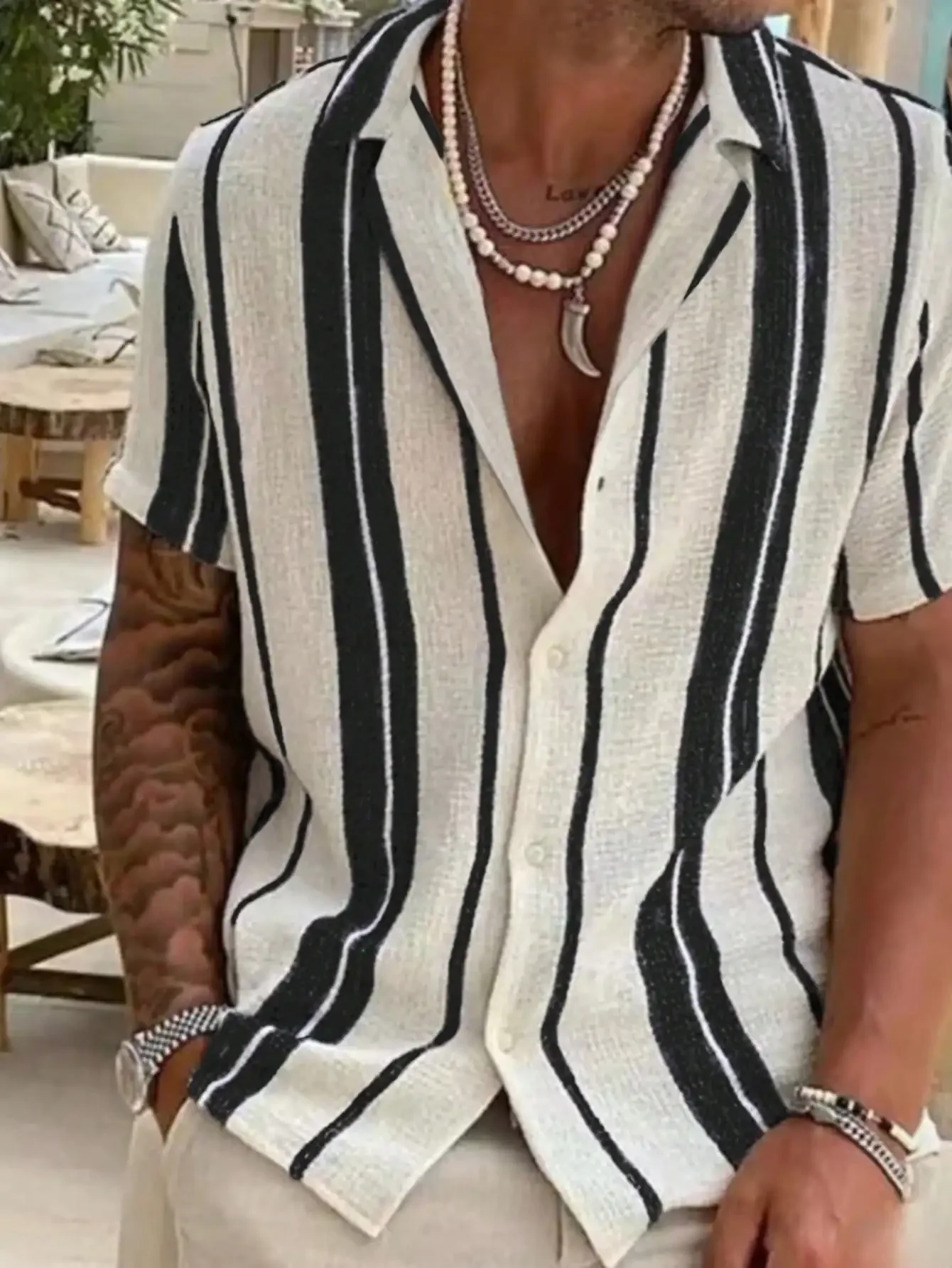 

Mens Casual Short Sleeve Striped Shirt Summer Vacation