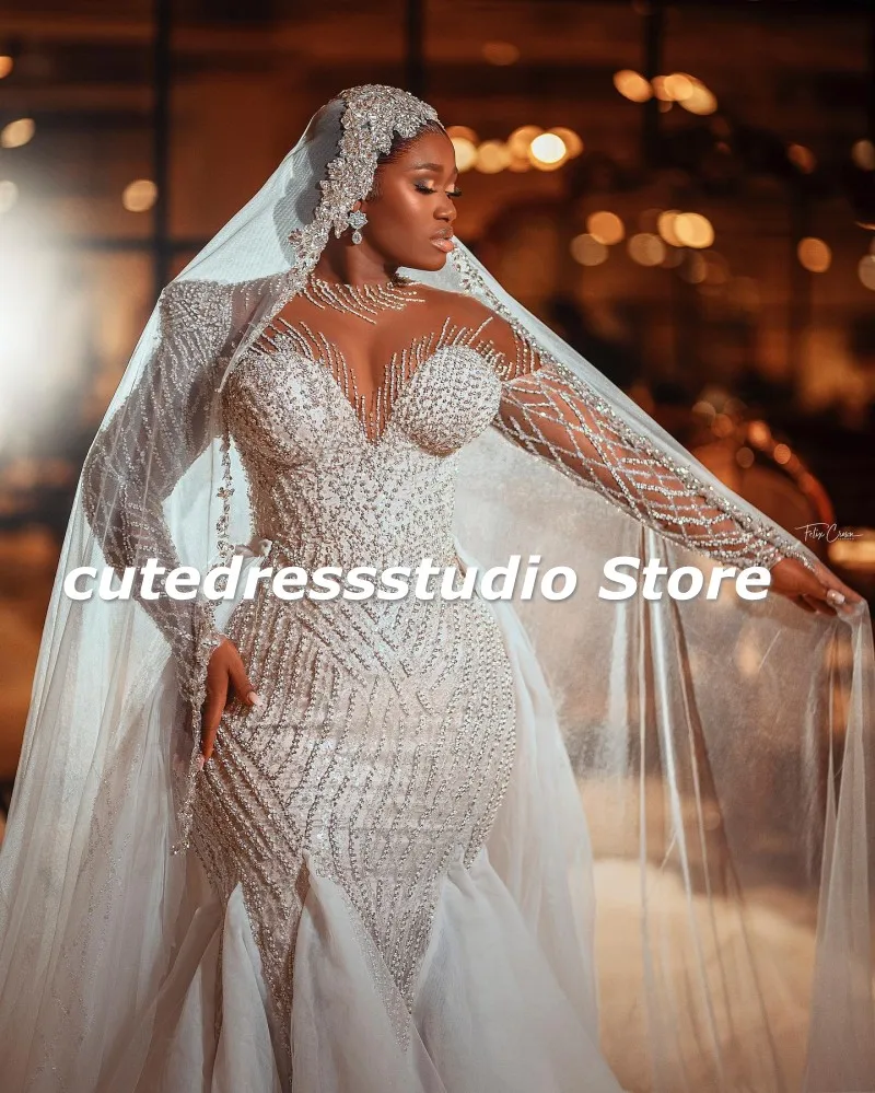 Luxury Nigerian Wedding Dresses Bride Sequin African Women Mermaid Bridal Gowns Long Sleeves Vestidos De Boda 2025 Customized