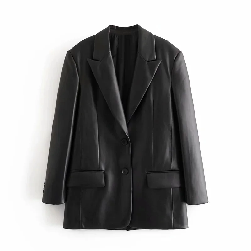 Blazer de cuero básico para mujer, chaqueta lisa de manga larga, color negro, Estilo Vintage, otoño, 2023