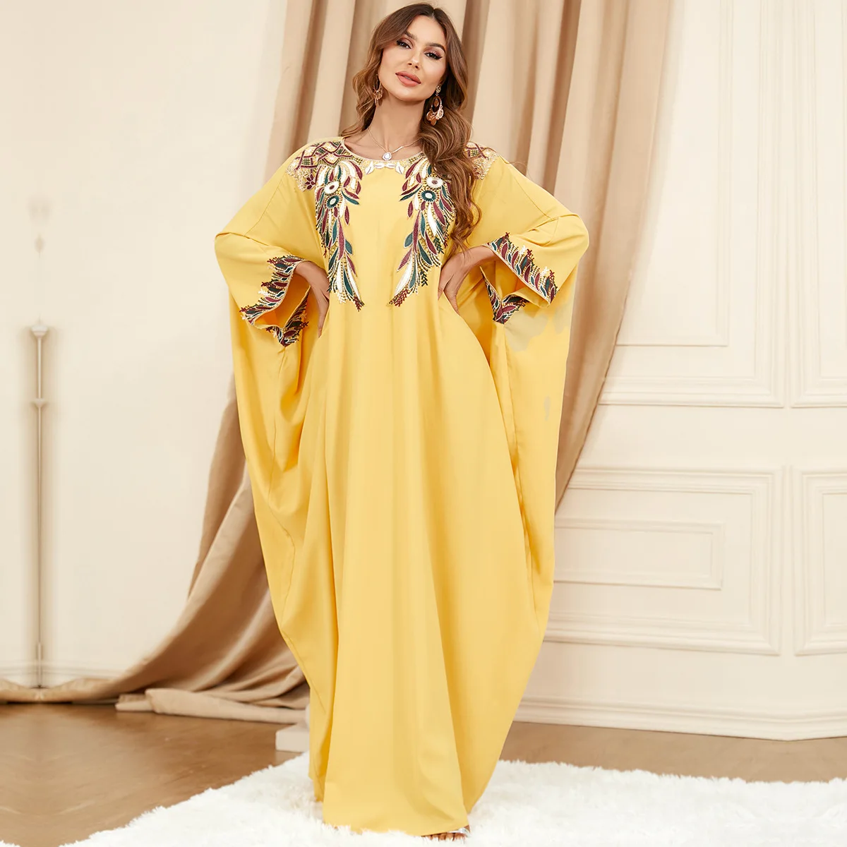 Fashion Muslim Plant Embroidery Batwing Sleeved Dress Islam Arabia Casual Loose Caftan Moroccan Dubai Women Elegance Maxi Abayas