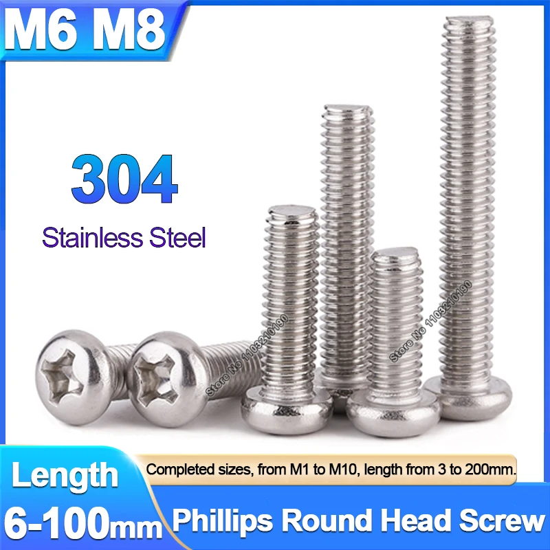 3-25 قطعة M6 M8 طويل GB818 A2 304 الفولاذ المقاوم للصدأ الصليب جولة فيليبس عموم رئيس مسامير التلفزيون الكمبيوتر البراغي طول = 6-100 مللي متر